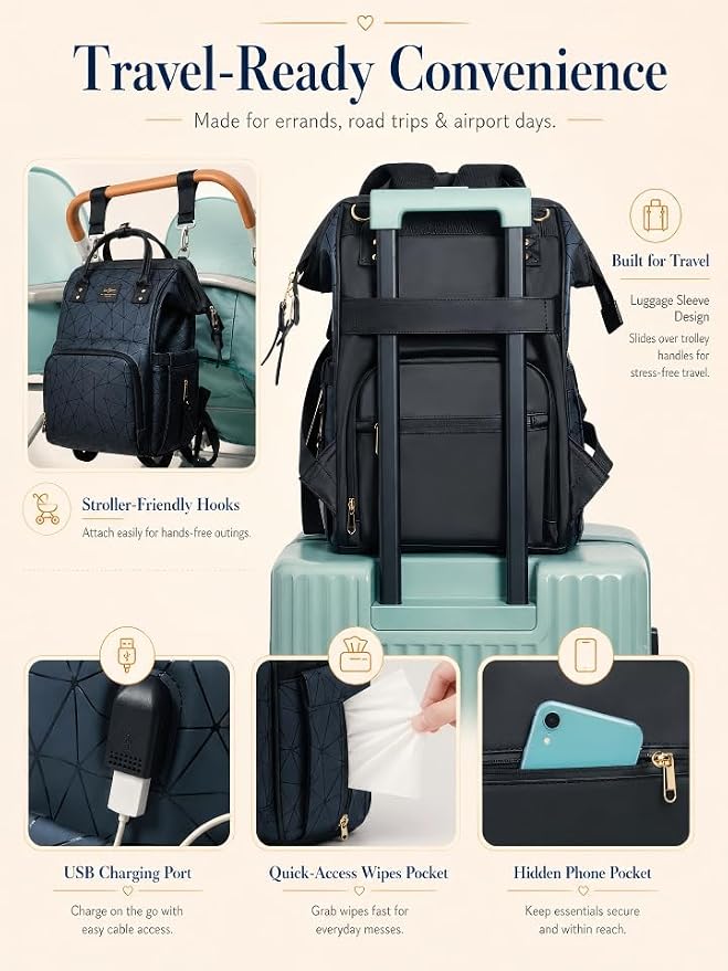 Diaper Bag Backpack, Unisex PU Leather, Very Dark Navy Blue, 16 Pockets, Insulated 3-Bottle Front, Removable Divider, Rear Zip Access, Wipes Dispenser, Stroller Straps, Luggage Sleeve - Image 8