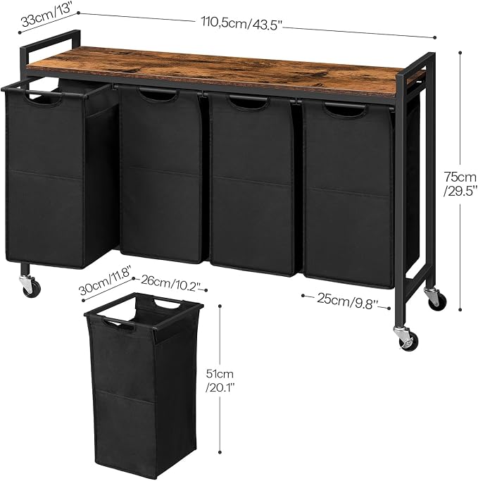 HOOBRO Laundry Sorter 4 Sections, Laundry Hamper with Wheels, 4 × 10.5 Gal (40 L), Rolling Laundry Basket, Pull-Out and Removable Oxford Fabric Bags, Rustic Brown and Black BF04XY01 - Image 3