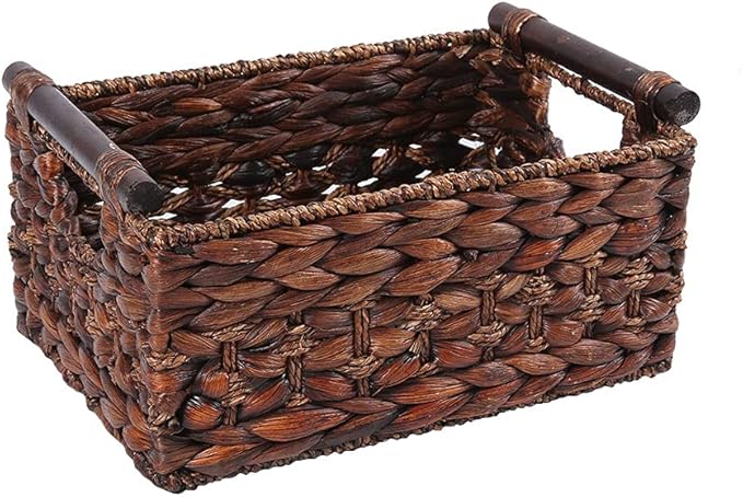 Water Hyacinth Wicker Storage Basket with Wood Handles, Medium | Rectangular dark brown woven rattan basket, for shelves, kitchen countertops, closet, holds magazines, toilet paper by HODAKJUE