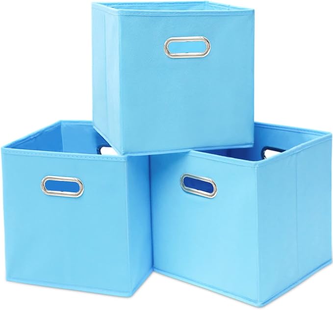 Black Fabric Cubby Storage Bins,13x13x13 Inches ,Cube Organizer Bin Foldable Storage Boxes with Dual Handles Fabric Organizer Box and collapsible Storage basket,Set of 3,Blue by Yunkeeper