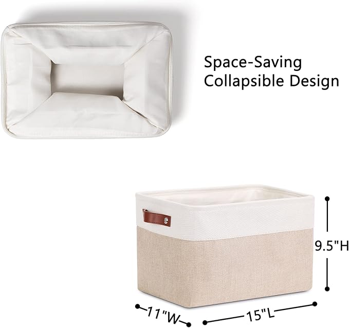 DULLEMELO Fabric Storage Bins, Storage Baskets for Organizing, Collapsible Rectangular Fabric Baskets for Shelves, Empty Gift Baskets (3-Pack Medium-15 inch X 11 inch X 9.5 inch , White&Khaki) - Image 4
