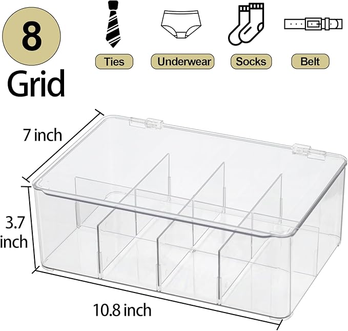 ZEXALOR Plastic Clear Storage Containers, Set of 2 Tea Bag Organizer Boxes 8 Compartments with Lids, Underwear Tie Drawer Organizer, Dresser Organizer (10.8×7×3.7") - Image 2