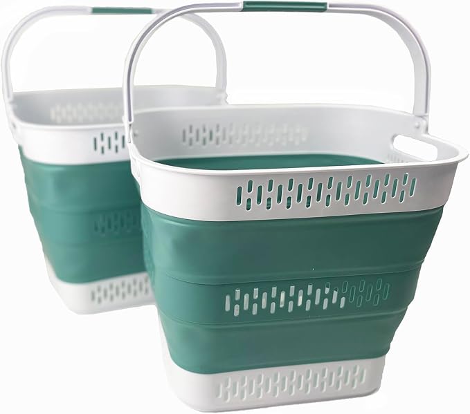 SAMMART 40L (10.5 Gallon) Collapsible Plastic Laundry Basket with Handles - Foldable Pop Up Storage Container/Organizer - Portable Laundry Hamper - Space Saving (2, White/Celadon Green) by SAMMART
