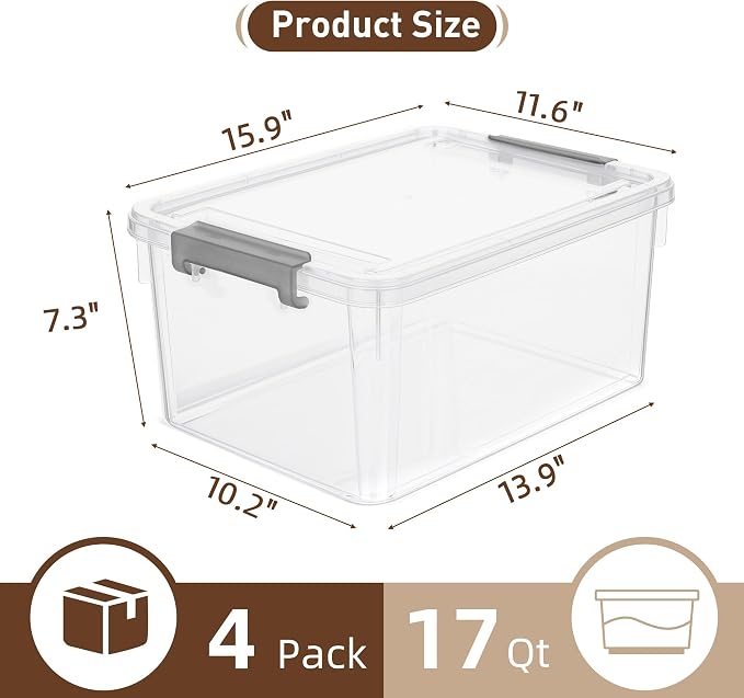 Citylife 17 QT Plastic Storage Bins with Latching Lids Stackable Storage Containers for Organizing Large Clear Storage Box for Garage, Closet, Kitchen, 4 Packs - Image 2