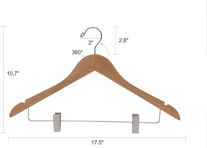 Quality Wooden Skirt Hangers with Clips, 20-Pack Semi Curved, Smooth Solid Wood Pants Hangers with Durable Adjustable Metal Clips, Swivel Hook, Coat, Jacket, Blouse Suit Hangers (Natural, 20) - Image 7