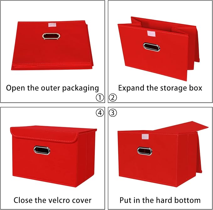 Linen Fabric Foldable Collapsible Storage Cube Bin Organizer Basket Fabric Storage Bins with Lid, Leather Handles, Removable Divider for Home, Closet, Red 3Pcs - Image 6