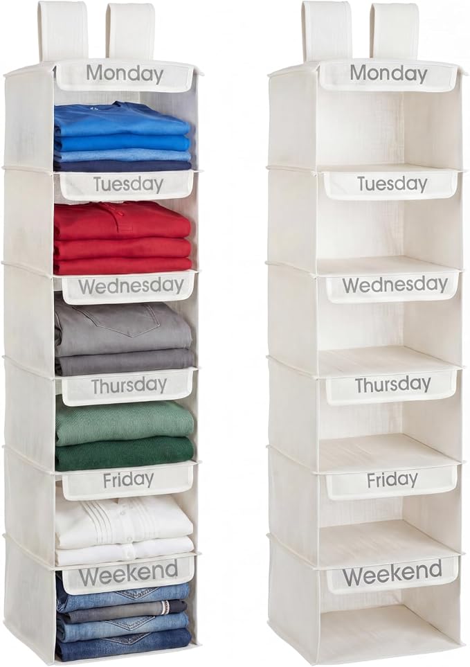 Sintuff 2 Pcs Heavy Duty 6 Shelf Weekly Hanging Closet Organizer for Kids Days of Week Clothing Organization Labeled Monday to Friday Clothes Divider for Weekday Weekend School Outfits - Image 8