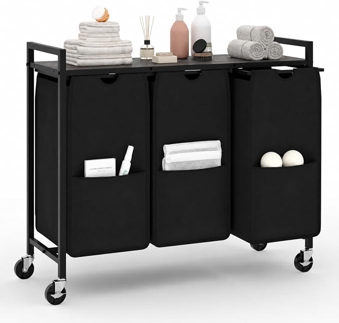 Garvee Rolling Laundry Hamper with Shelf, 3-Section Laundry Sorter with Removable Bags & Wheels, Heavy Duty Clothes Basket Organizer for Laundry Room, Bathroom, Bedroom, Greige & Black, 120L | Laundry Sorter with Removable Bags & Wheels, Heavy Duty Clo... by Garvee