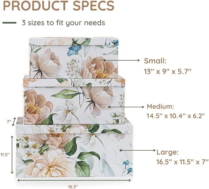 Soul & Lane - Floral Revival Decorative Storage Boxes with Lids, Set of 3 | Large Nesting Cardboard Keepsake Boxes for Memories, Photos and Gifts, Pretty Decorated Floral Containers for Organizing - Image 4