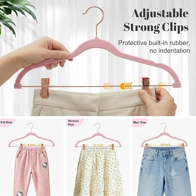 HOUSE DAY Pants Hangers with Clips 24 Pack, with Rose Gold Hook and Clips | Non Slip Velvet Flocked, Swivel Hook, Space Saving, Rubber Padded Clips, For Pants, Skirt, Shorts, Coat, Outfit - Pink - Image 3