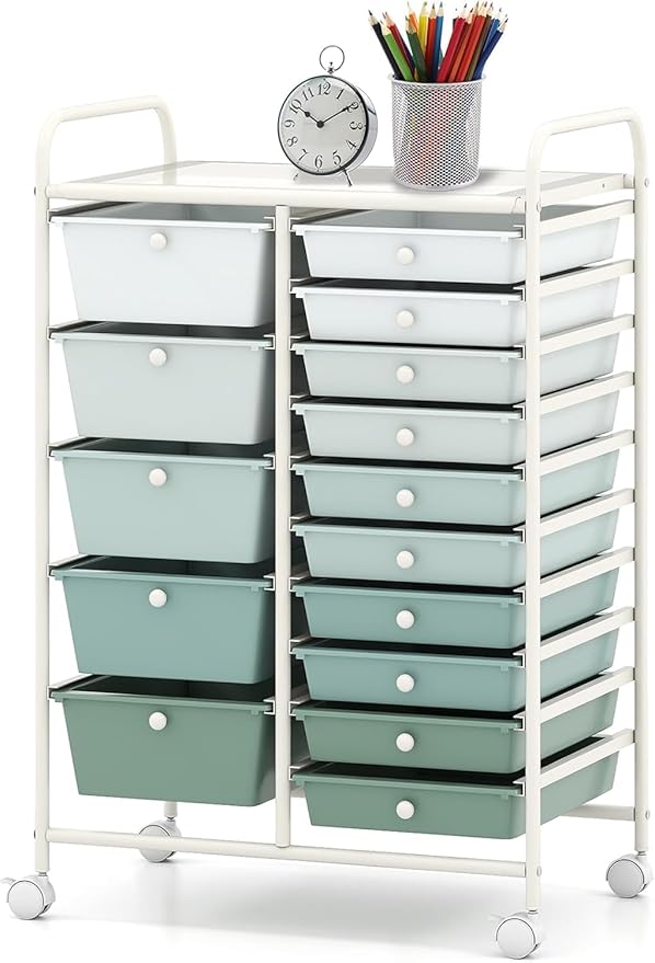 DREAMADE Rolling Storage Cart with 15 Drawers, Utility Cart, Gradient Green | Mobile Craft Cart with Lockable Wheels for Art Supplies, Paper, Scrapbook & Office Storage in Home, Living Room & Study by DREAMADE