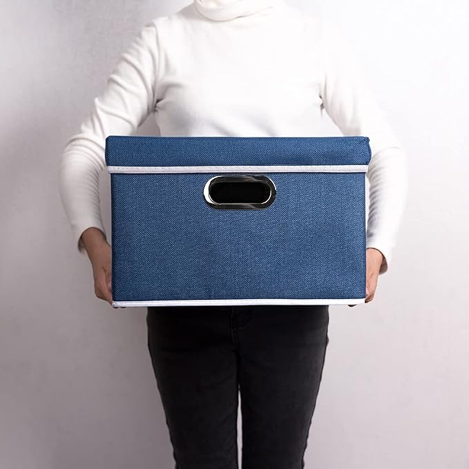Foldable Storage Bin with Lid [5-Pack] Linen Fabric Decorative Storage Box Organizer Container Basket Cube with Handles Divider for Closet Office Living Room Royal Blue(14.9x9.8x9.8) - Image 7