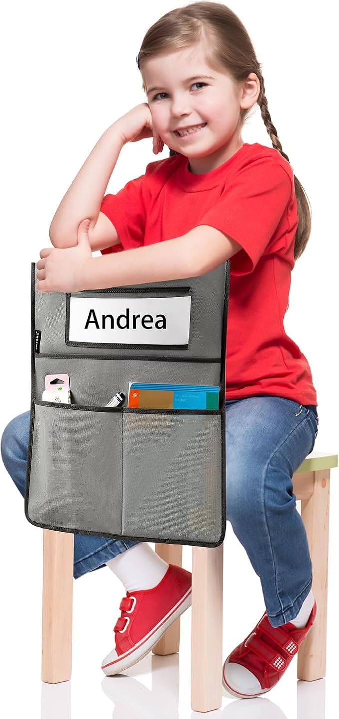 Chairback Buddy Pocket Chart Back of Chair Organizer for Classroom with Name Tag Pocket (GREY-12 PACK) - Image 5