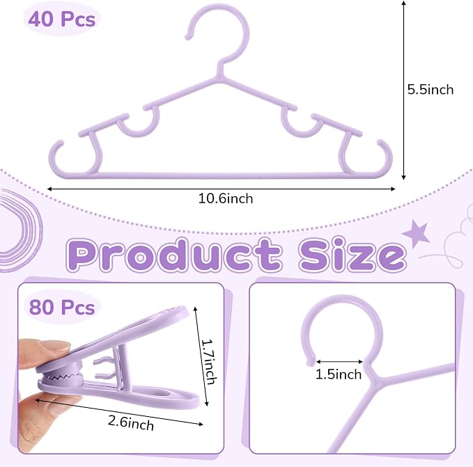 Hsei Baby Hanger with Clip for Pant,120 Packs Total,Purple,10.6 Inch | 40 Kids Plastic Hanger with 80 Clips for Newborn, Nursery, Daycare, Preschool, Closet, Wardrobe Organizer for Baby Shower - Image 2