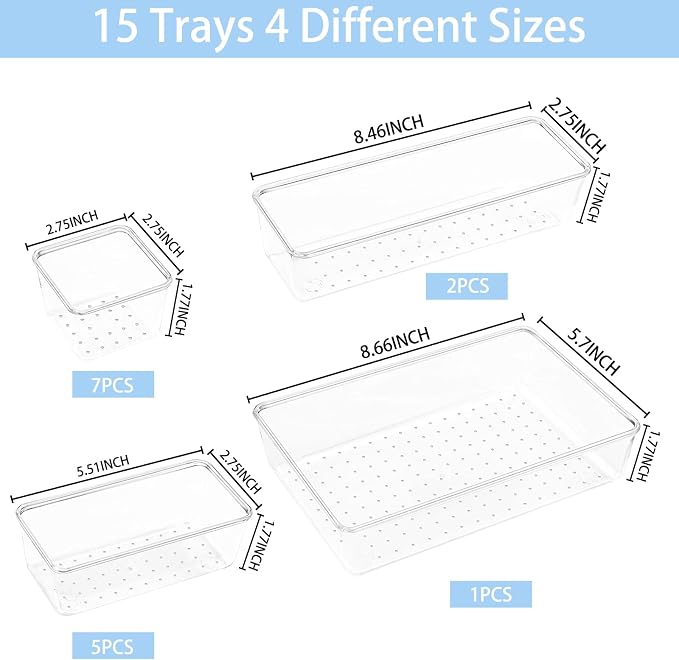 Manalete 15 Pcs Clear Plastic Drawer Organizer, Makeup & Vanity Organizer | 4-Size Versatile Desk Organizer & Storage Bins for Kitchen, Bathroom, Office, Jewelries, Easy Clean, Stackable, BPA-Free - Image 2