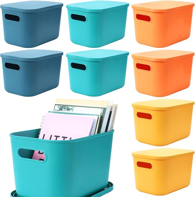 8 Pack Storage Bins, 10.2 X 7 X 6.3 Inch Multi-colored | Plastic Stackable Containers with Lid Handle, For Shelves Desktop Playroom Office, Organizing Toys Books Supplies Storage by Hoolerry