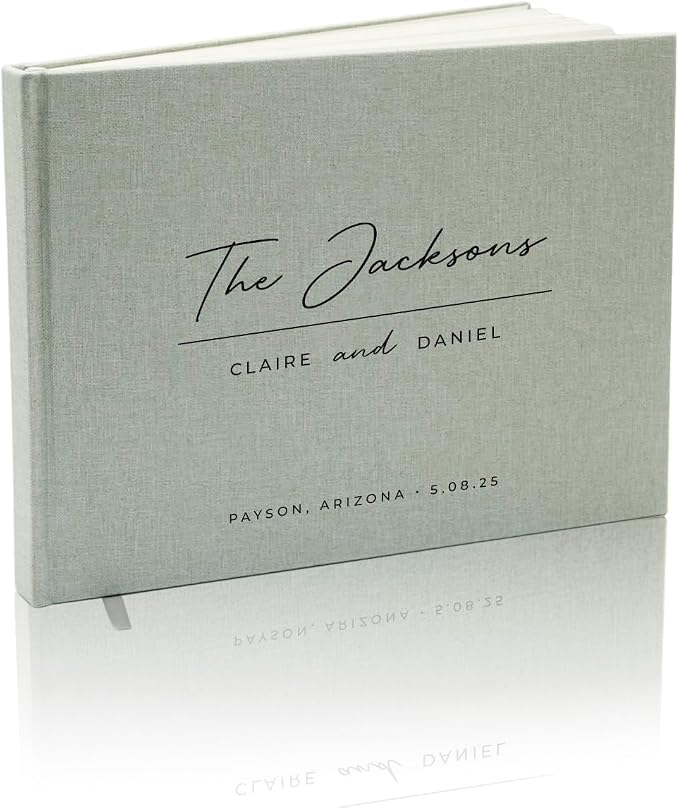 Personalized Linen Guest Book (Design 5) - 9 x 7.5 Hardcover Custom Wedding Guestbook Bride Groom Name Date Location Venue, Reception Ceremony Engagement Party Keepsake Signing Book w/ 120 Blank Pages by ModernAlbumDesigns