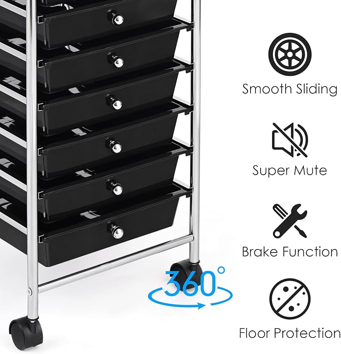 GOFLAME 10-Drawer Rolling Storage Drawer Cart, Utility Cart with Removable Drawers & Metal Frame, Mobile Art Craft Drawer Cart with Lockable Wheels for Home, Office, Studio, School, Black - Image 6