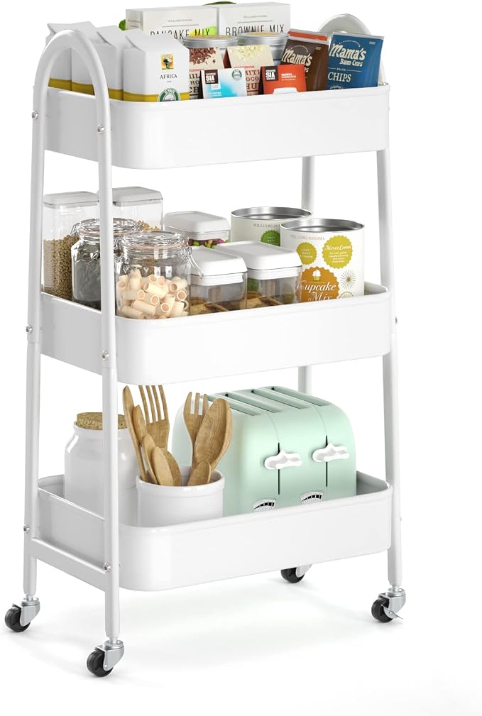 3 Tier Utility Rolling Cart, Metal Storage Cart with Handle and Lockable Wheels, Multifunctional Storage Organizer Trolley with Mesh Baskets for Kitchen, Living Room, Office, Garage (White) by EAGMAK