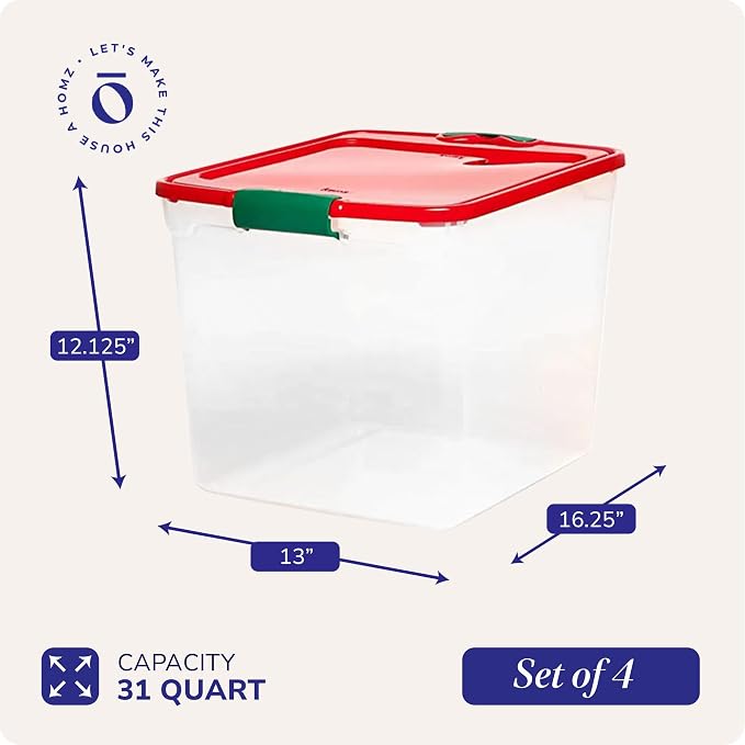 HOMZ Holiday Tote Plastic Storage Bin with Lid, 31 Qt, Clear/Red, 4 Pack | Large Stackable Organization Container for Home, Garage, and Office Organization - Image 4