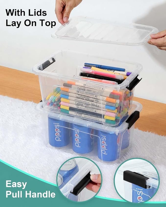EOENVIVS Plastic Storage Bins with Lids 6 Pack, 7 Quart Storage Containers With Black Buckle Latch, Stackable Storage Organizers for Home Pantry Office Classroom Organization, Clear - Image 7