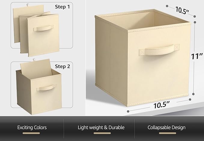 Sorbus Foldable Storage Cubes - 6 Fabric Baskets for Organizing Pantry, Closet, Shelf, Nursery, Playroom, Toy Box - 11 Inch Dual Handle Collapsible Closet Organizers and Storage Bins (Beige) - Image 3