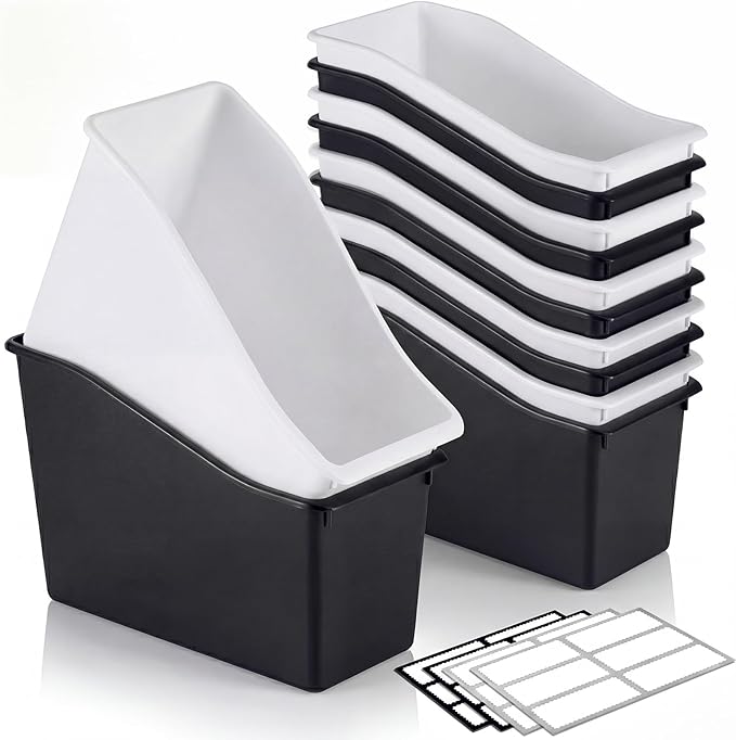 Geetery 24 Pcs Book Bin for Classroom with Labels Stackable Plastic Organizing Bins 11.5 x 5.4 x 7.5 in Book Holders Storage Bins Box Baskets for Classroom Library Home (Black,White) by Geetery