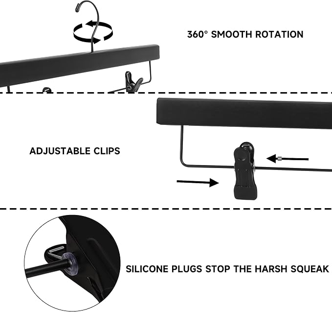 14" Wood Pants Hangers with Adjustable Non-Slip Clips, Black, 24-Pack | Solid Wood Material, Bottom Hangers with 360° Swivel Hook, Space Saving Hangers for Skirts, Slacks, Trousers, Jeans - Image 3
