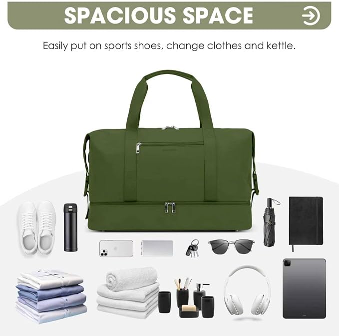 Oeihuivt Weekender Bags for Women - 21 Inch Large Travel Duffel Bag with Shoe Compartment, Heavy-Duty Canvas Leather Carry On Overnight Tote, Green - Image 6