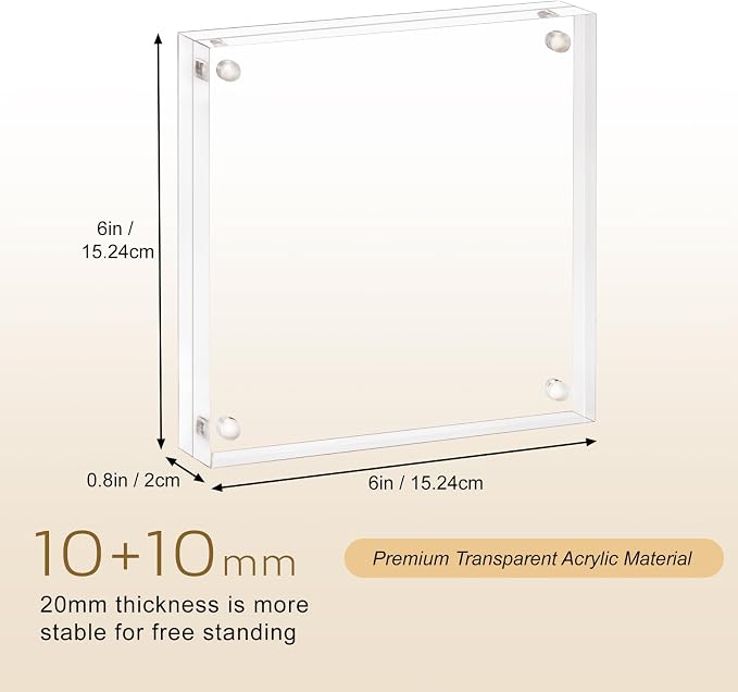 AMEITECH Acrylic Picture Frame 6x6, Clear Double Sided Frameless Photo Frame with Magnetic, Free Standing Desktop Acrylic Frame Display, Lucite Frame with Gift Box Package - 1 Pack | Double Sided Floating Magnetic Frames, 20mm Thick, Free Standing Desk... - Image 2