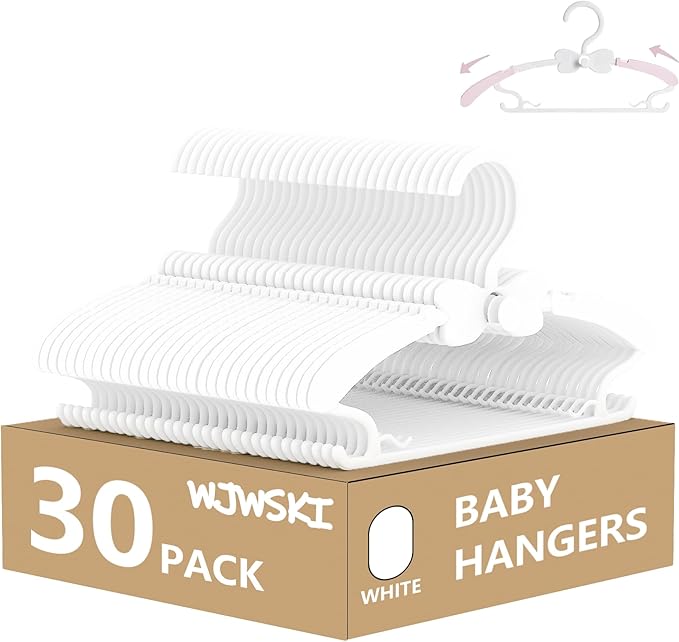 Baby Hangers 30 Pack, 11-14.5" Adjustable Kid Clothes Hangers for Newborn Closet, Plastic Non-Slip Small Infant Hanger for Toddler Pant, Child Coat Percha for Boy Nursery Clothing, Girl Dresses, White by WJWSKI