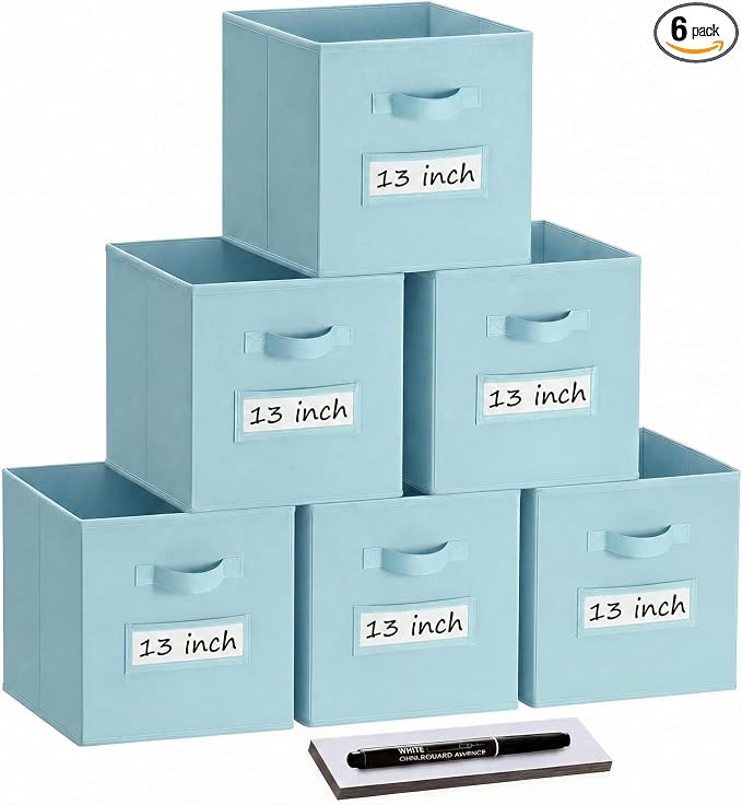 Storage Bins,13 Inch Cube Storage Bin with Labels,6pcs,Sky Blue | Fabric Storage Cubes for Shelves,13 Inch storage cube bins with 6 Labels Window Cards & a Pen. by Anyoneer