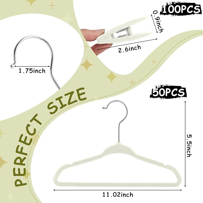 50 Pack Velvet Hangers for Baby & Kids, 11 Inch Non-Slip Infant Clothes Hangers with 100 Multi-use Adjustable Clips, Slim Space Saving Hanger for Nursery Closet, Toddler Skirts Pants Coat, Beige - Image 2