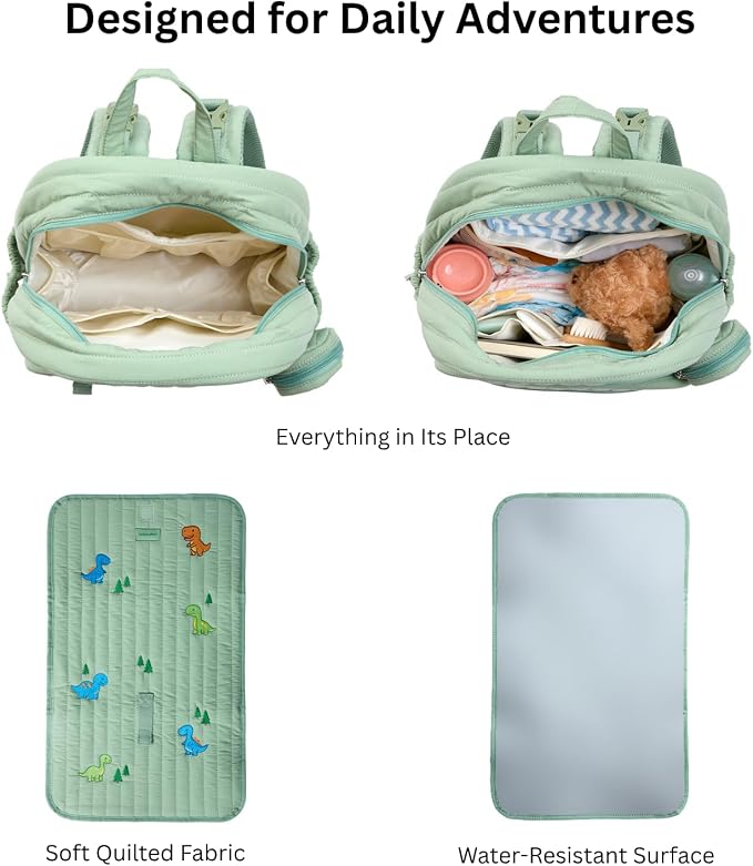 Large Diaper Bag Backpack with Changing Pad, Insulated Bottle Pockets, Travel & Hospital Bag for Mom & Dad (Large - Green Dinosaurs) - Image 3