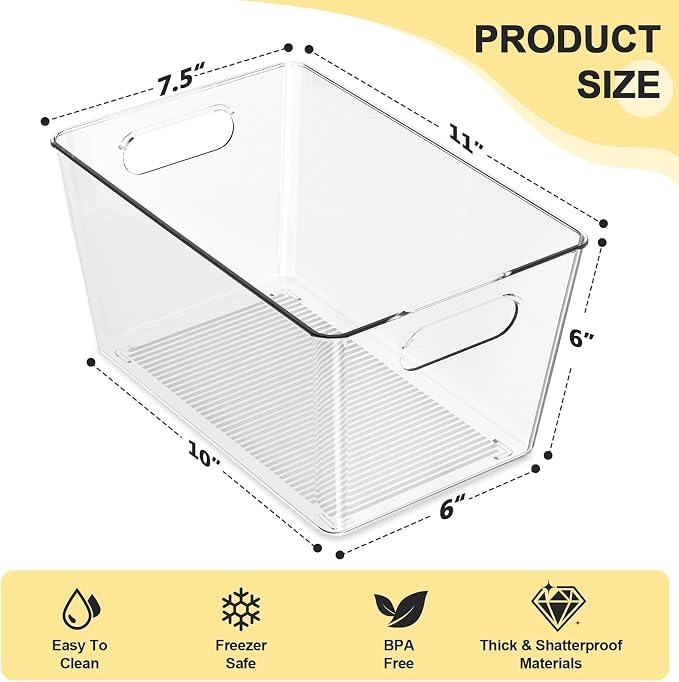 12 Pack Large Clear Plastic Storage Bins, Kitchen&Pantry Organizer | Heavy-duty 450g BPA-free PETG containers with handles for fridge, under-sink, bathroom, office, closet, and garage storage - Image 2