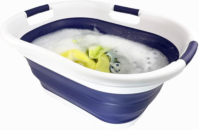 SAMMART Set of 2 Collapsible 3 handled Plastic Laundry Basket-Oval Tub/Basket-Foldable Storage Container/Organizer-Portable Washing Tub-Space Saving Laundry Hamper (40L Oval-White/Navy Blue) - Image 9