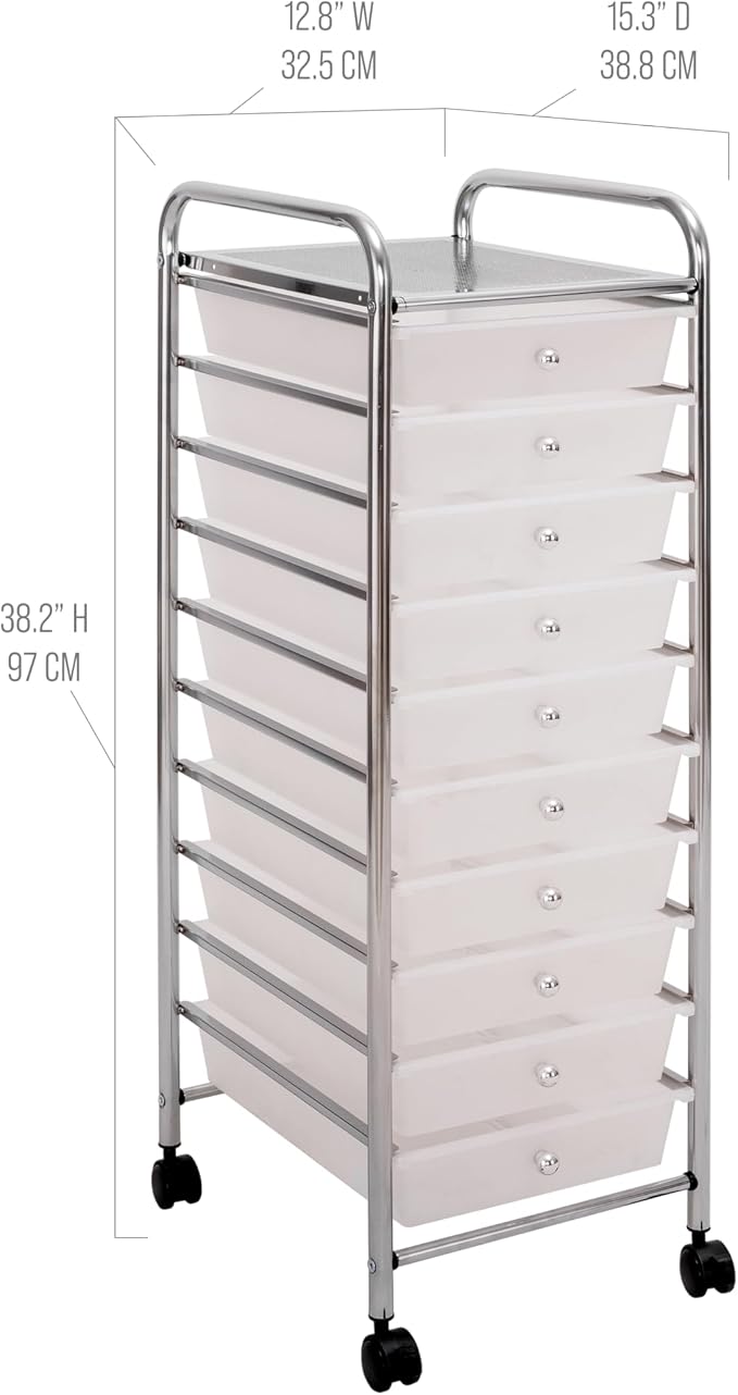 Seville Classics Rolling Utility Organizer Storage Cart, for Home Office, School, Classroom, Scrapbook, Hobby, Craft, 10 Drawer, Frost White - Image 3