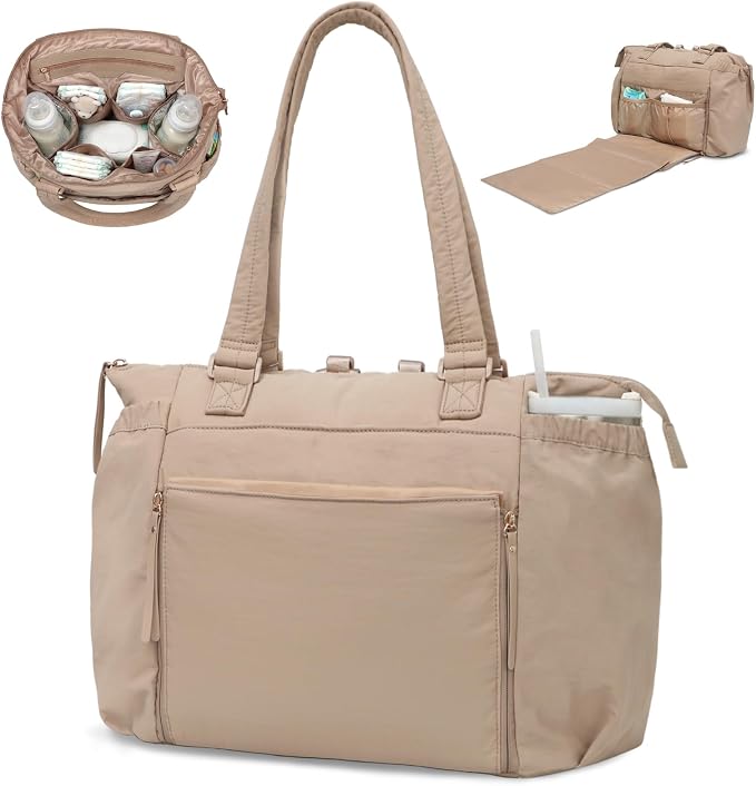 MOMINSIDE Diaper Bag Tote with Changing Station Convertible Diaper Bag Backpack Tote pañaleras para bebe Large Baby Bag, Hospital Bag Mommy Bag Travel Diaper Bag for Mom,16 Pockets, Khaki by MOMINSIDE