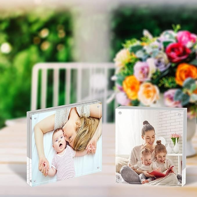 ILYXY 5 Pack Acrylic Frame 4x4, 20% Thicker, 20mm Thick Frameless Clear Picture Frame, Double Sided Magnetic Photo Frame, Free Standing Desktop Display Stand Acrylic Picture Frames - Image 3