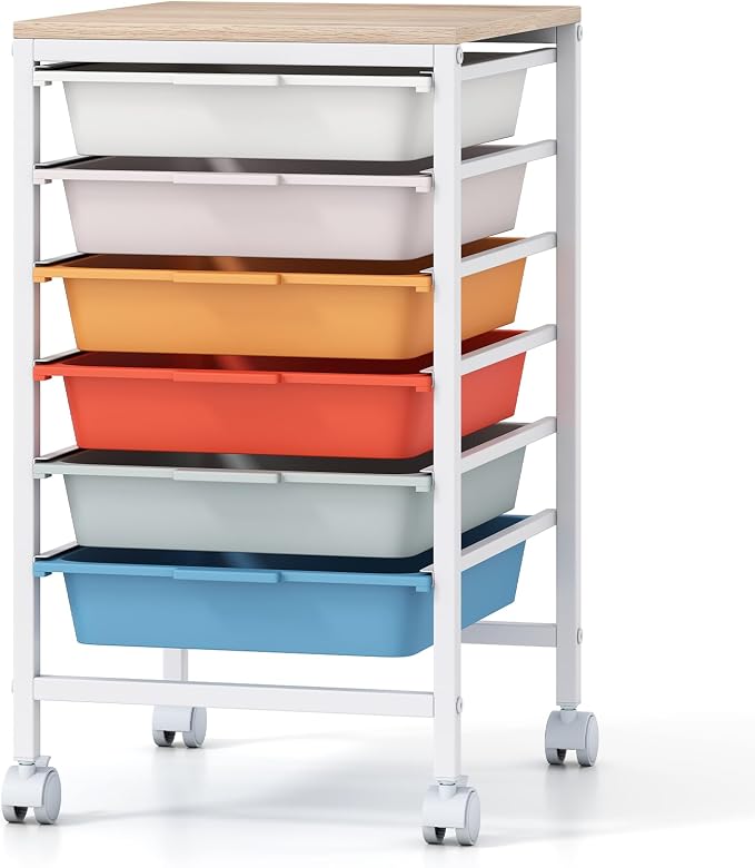 Giantex Rolling Storage Cart with 6 Drawers, Utility Cart w/Wooden Tabletop, Lockable Wheels, Multipurpose Organizer for Art Craft Scrapbooks Paper, Drawer Carts for Dorm Classroom Office, Macaron by Giantex