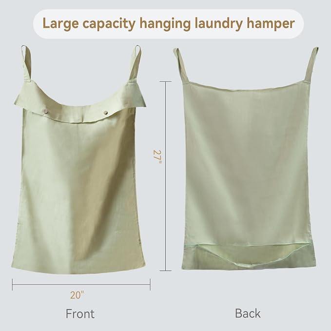 100% Linen Hanging Laundry Hamper Bag 20x27Inch, Over the Door with 2 Buttons and Bottom Zipper Saving Space Wall Back organizers For Dirty Clothes Dorm Travel College Camp Sock Large Capacity,Green - Image 3