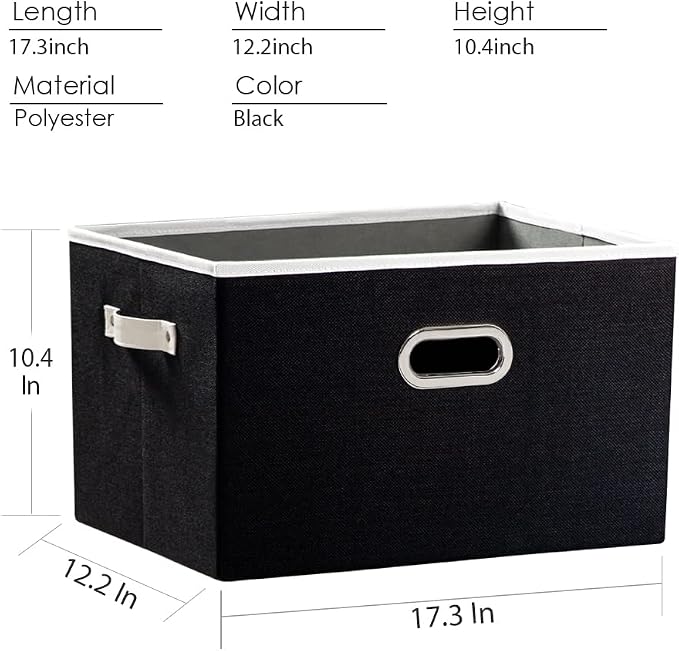 Larger Collapsible Storage Bins for Closet [3-pack] Decorative Linen Fabric Storage Baskets Cubes with Leather/Metal Handles for Living Room Black (17.3x12.2x10.4 Inch) - Image 6