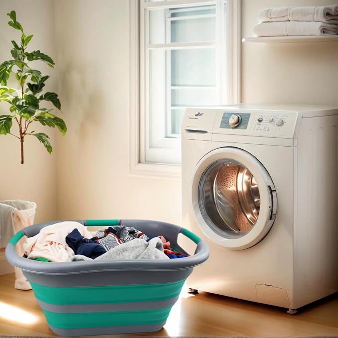 SAMMART 30L (7.9 gallon) Collapsible Plastic Laundry Basket - Foldable Pop Up Storage Container/Organizer - Portable Washing Tub - Space Saving Hamper/Basket (Dark Grey/Bluish-Green (Set of 2)) - Image 4