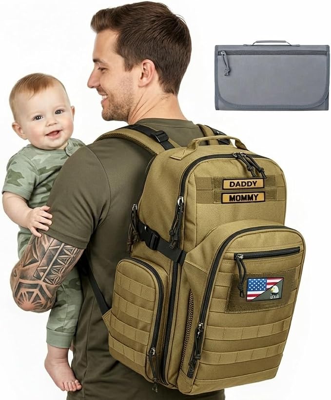 MIRACOL Military Diaper Bag for Dad - Tactical Style Baby Backpack with MOLLE & Changing Pad - 14 Compartments Rugged Design for Outdoor Travel Camping Tan by MIRACOL