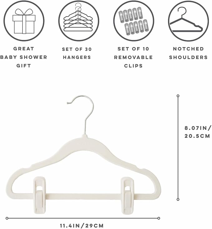 3 Sprouts Velvet Baby Hangers, Non Slip Slim, Cream, 30 Pack with 10 Clips | Non-slip velvet, Notched shoulders, 360-degree swivel hook, 11.75 x 8 in, Infant and toddler clothes, Soft colors for nursery - Image 2