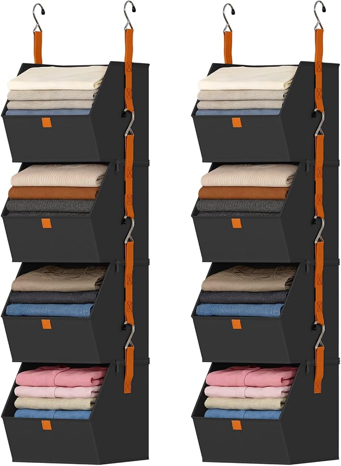 DIMJ Hanging Closet Organizer - 4 Tier Collapsible Hanging Shelves with Hooks Zipper, Fabric Clothes Organizer, Space-Saving Storage Bin Basket for RV, Bedroom, Laundry Organization by DiMJ