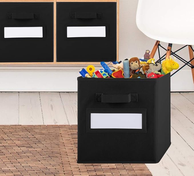 Storage Bins - 9 Pack - Durable Storage Cubes with Label Window | 2 Reinforced Handles | Fabric Cube Baskets for Organizing Closet, Clothes and Toys | Foldable Shelves Organizer (Black) - Image 2