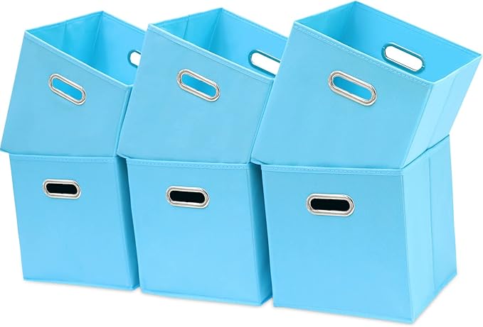 Fabric Cubby Storage Bins - 13x13x13 Inches, Foldable Cube Organizer Bins with Dual Handles - Set of 6, Blue by Yunkeeper
