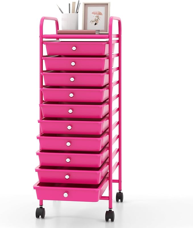 GOFLAME 10-Drawer Rolling Storage Drawer Cart, Utility Cart with Removable Drawers & Metal Frame, Mobile Art Craft Drawer Cart with Lockable Wheels for Home, Office, Studio, School, Hot Pink by GOFLAME
