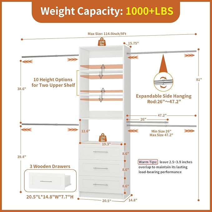 Fastgo Closet System with Drawers, 5-9FT Closet Organizer System with 4 Expandable Rods & Adjustable Shelves for Walk in Closet, 96” Built in Closet System Tower, Small Closet Storage System, White - Image 2